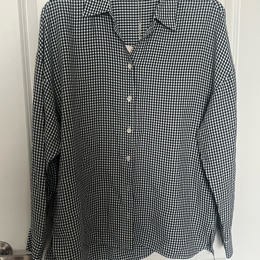 Tibi Black and White Casual Button Down Shirt with Gingham Pattern
